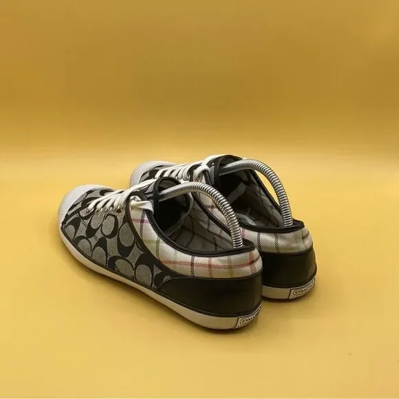 Coach Tan and Black Sneakers with Geometric Pattern and White Toe Cap - Picture 2 of 4